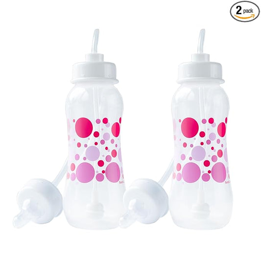 Hands-Free Baby Bottle - Anti-Colic Nursing System 9 oz Baby Bottle with Fast Flow Nipple/Teat 3m+ with Tube Straw Feeding System for Toddler (2 Bottles - Pink)