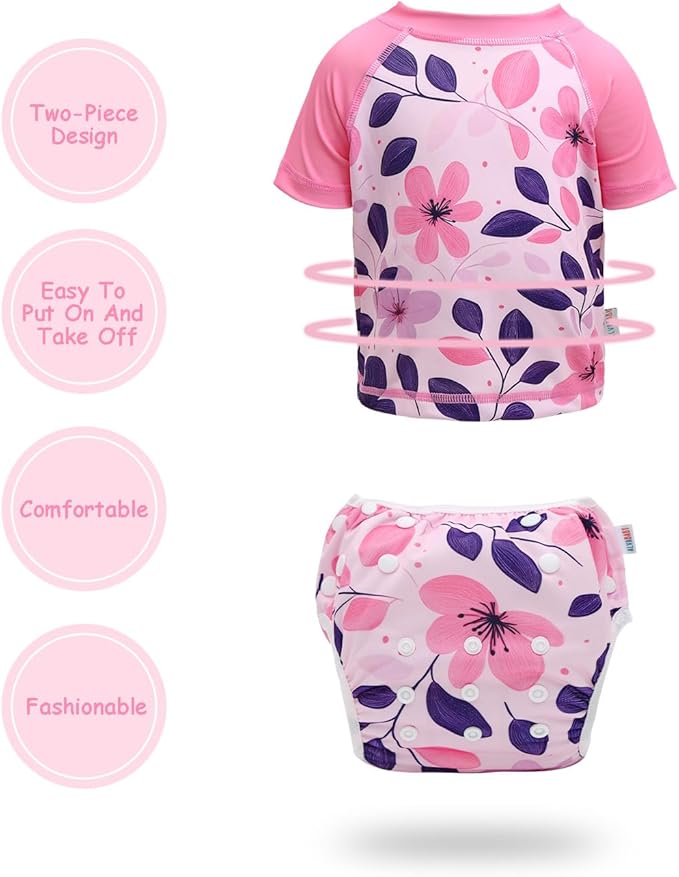 ALVABABY Baby Girl Swimsuit, 2-Piece Infant Toddler Bathing Short Sleeve Swimwear, Large Baby Reusable Swim Diaper with Matching Top