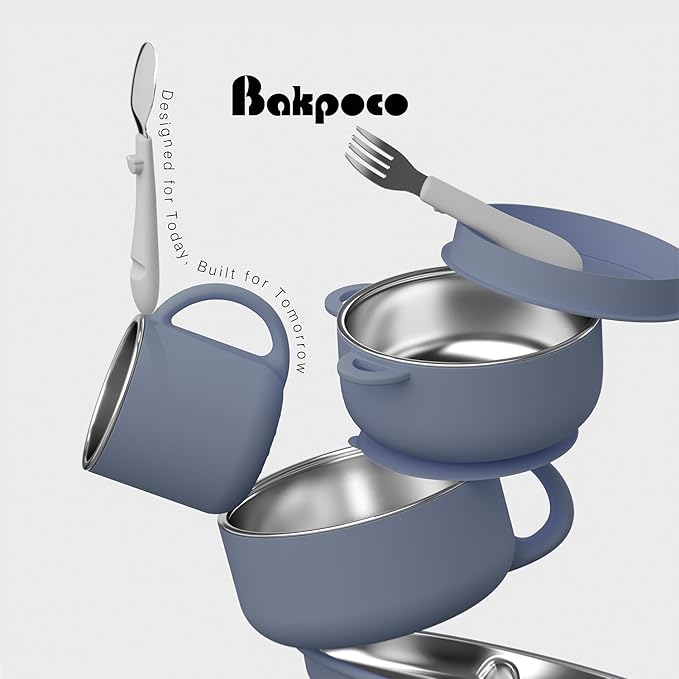 Bakpoco Kids Dinnerware Set - 6 Piese Toddler Plates and Suction Bowls Set with Kids Utensils&Cup, 2 IN 1 Stainless Steel & Silicone Baby Self Feeding Supplies, Navy