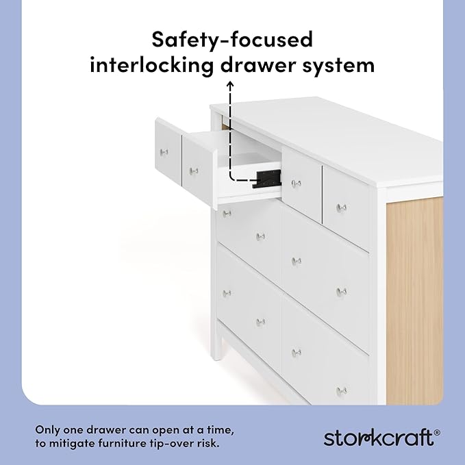 Storkcraft Horizon 6 Drawer Dresser (White with Driftwood) – GREENGUARD Gold Certified Dresser for Nursery & Kids’ Room, Modern Storage with Interlocking Drawer System