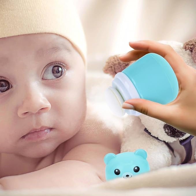 OSALADI Cartoon Bear Baby Powder Puff Box Infant Talcum Powder Container with Puff Portable Loose Dispenser for Baby Skin Care 3.93X2.75X2.75In
