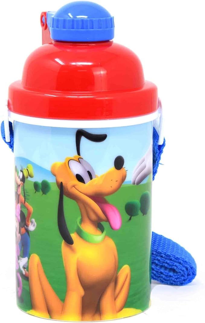 Zak Designs Disney Mickey Mouse One Touch Button Water Bottles with Reusable Built in Straw, Carrying Strap - Safe Approved BPA Free, Easy to Clean, for Kids Girls Boys, Goodies Home Travel