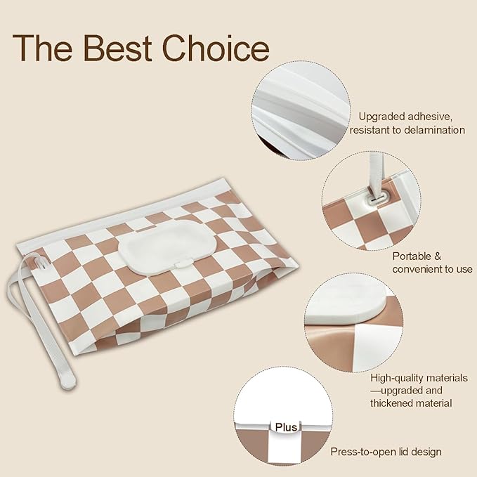 cephira Baby Wipe Holder, 3-Pack Portable Refillable Wipe Dispenser, Waterproof & Dustproof Travel Baby Wipes Case, Reusable Diaper Wipe Container with Checkerboard Design
