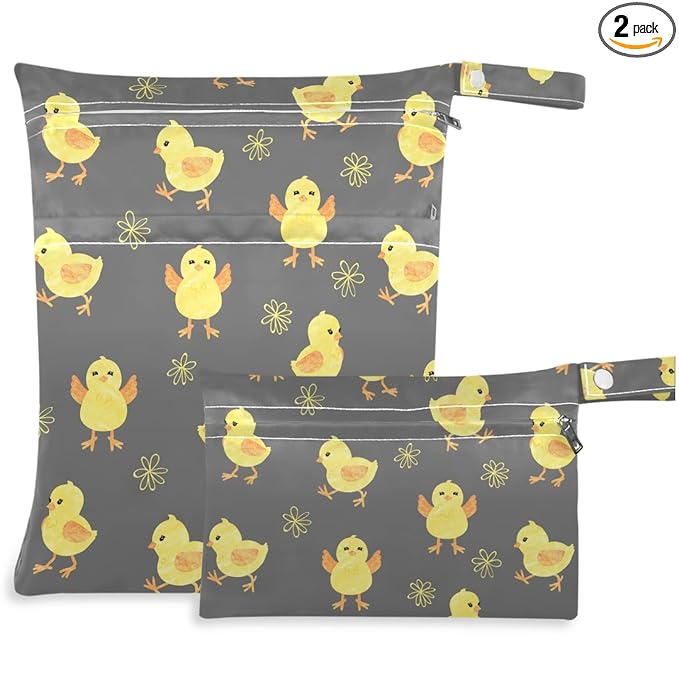 visesunny Cute Chick 2Pcs Wet Bag with Zippered Pockets Washable Reusable Roomy Diaper Bag for Travel,Beach,Pool,Daycare,Stroller,Diapers,Dirty Gym Clothes, Wet Swimsuits, Toiletries