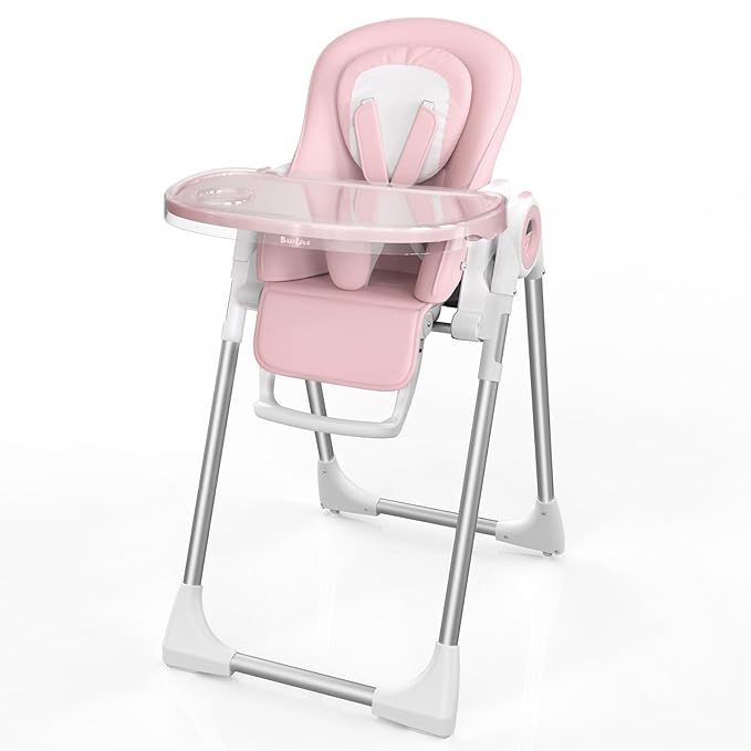 Babilous High Chair, Foldable High Chairs for Babies and Toddlers, Ultra Safe for Infant with Lockable Wheels, Easy Clean, Removable Tray/Adjustable Footrest for Baby Feeding HighChair, Pink
