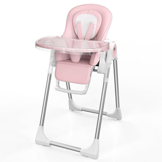 Babilous High Chair, Foldable High Chairs for Babies and Toddlers, Ultra Safe for Infant with Lockable Wheels, Easy Clean, Removable Tray/Adjustable Footrest for Baby Feeding HighChair, Pink