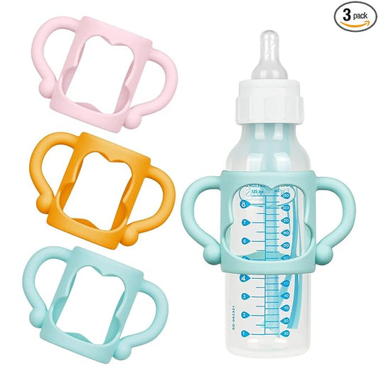 Aolso Silicone Baby Bottle Handles, 3PCS Bottle Handles, Baby Bottle Handles has Easy Grip Handles, Bottle Handles for 2.25" Diameter Baby Bottles and Straw Bottles(Pink/Orange/Blue)
