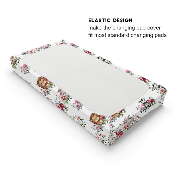 Baby Safari Animals Boho Floral Changing Pad Covers Lion Elephant Giraffe Zebra Hippo Roses Diaper Change Table Pad Covers for Girl Boy Soft Breathable Stretch Changing Mat Sheets 32''x16''