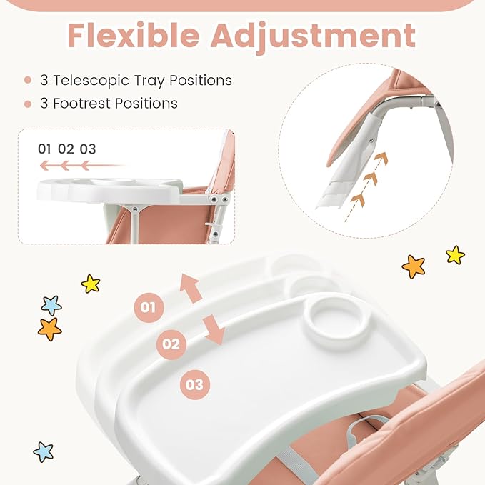 HONEY JOY High Chair, Foldable Baby Feeding Chair, Adjustable Tray & Footrest, Removable Easy-to-Clean PU Seat Cushion, 5-Point Harness, Cup Holder, Highchairs for Babies and Toddlers (Pink)