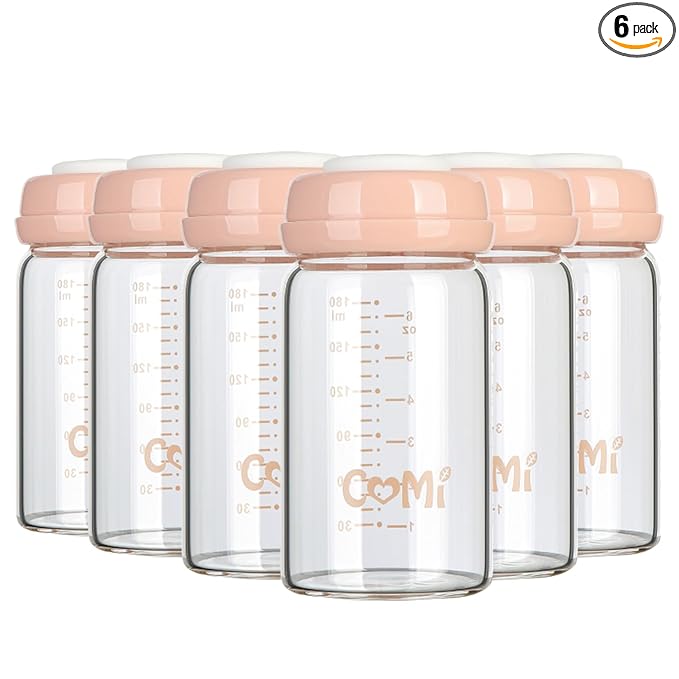 COMI Wide Neck Glass Breastmilk Collection n Storage Bottle, 6oz with Screw Ring Sealing Disk; Re-markable Sealing Disc. BPA Free, Fits Breast Pumps & Nipples (Pink Lids)
