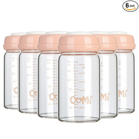 COMI Wide Neck Glass Breastmilk Collection n Storage Bottle, 6oz with Screw Ring Sealing Disk; Re-markable Sealing Disc. BPA Free, Fits Breast Pumps & Nipples (Pink Lids)