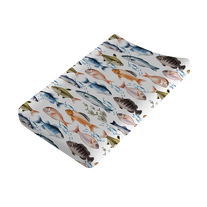 Watercolor Fish Baby Changing Pad Covers for Boy Girl 32''x16'' Freshwater Fishes Fitted Diaper Changing Table Pad Mats Outdoor Fishing Lovers Gift Comfort Soft Breathable Cradle & Bassinet Sheets