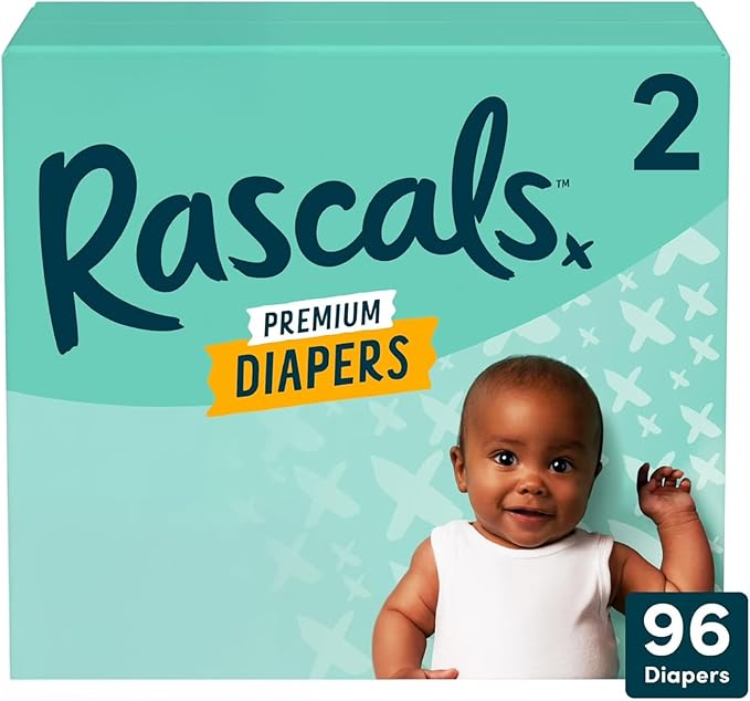 Rascals Premium Disposable Baby Diapers Size 2 (96 Count), Absorbent Core, Up to 12 Hours Leak Protection, Gentle on Skin, Secure Fit, Soft Comfort