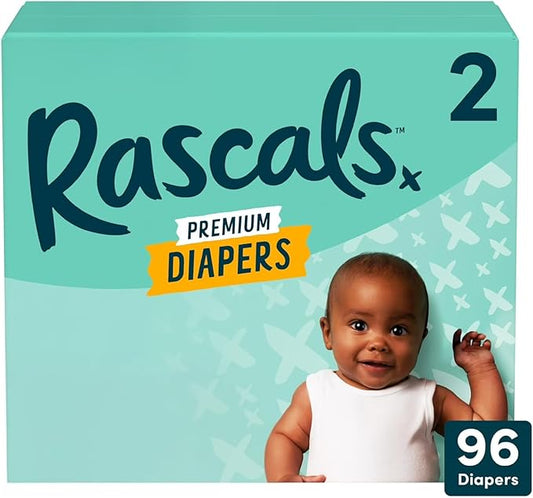 Rascals Premium Disposable Baby Diapers Size 2 (96 Count), Absorbent Core, Up to 12 Hours Leak Protection, Gentle on Skin, Secure Fit, Soft Comfort