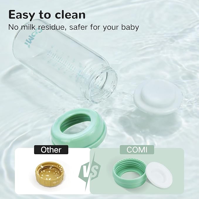COMI Wide Neck Glass Breastmilk Collection n Storage Bottle, 2 Packs,10oz with Screw Ring Sealing Disk,Re-markable Sealing Disc,BPA Free,Fits Breast Pumps&Nipples(2 Green Lids)