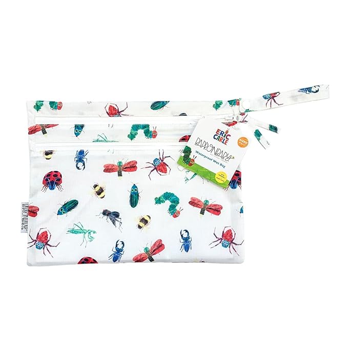 BapronBaby Eric Carle Bug World Wet Dry Bag - Waterproof Two Zipper Pockets - Reusable for Mealtime, Diapers, Stroller, Snacks, Swimsuits - Machine Washable - 11" x 9"