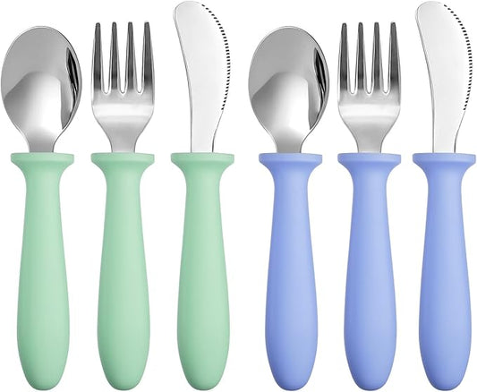 Pimoys 6 Pieces Toddler Utensils Forks,Spoons and Knives,Kids Silverware Set with Plastic Handle Stainless Steel Toddler Silverware,Dishwasher Safe