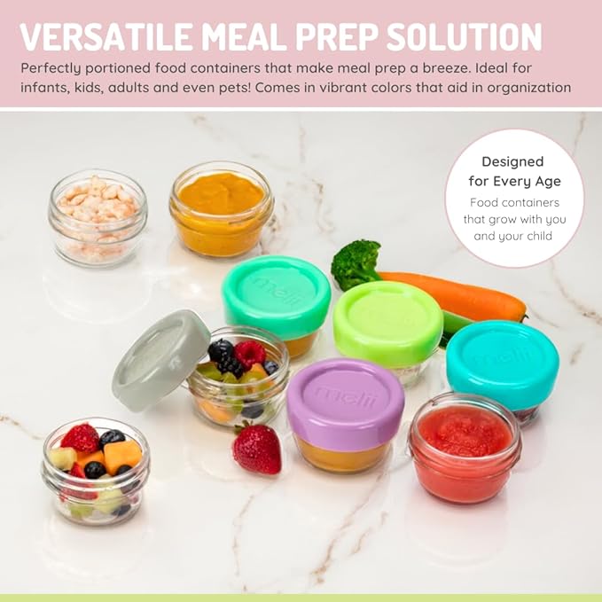 melii Glass Baby Food Storage Jars, 12 Pack 2 oz | Airtight Leakproof Lids, BPA-Free, Reusable Glass Containers for Purees, Snacks & Meal Prep, Freezer, Microwave & Dishwasher Safe