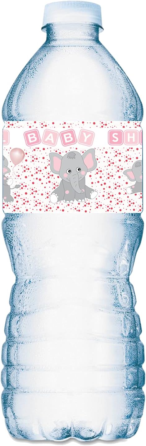 25 Pink Elephants Water Bottle Labels for Baby Shower Party ; Waterproof Water Bottle Wrappers; Its a Girl Water Bottle Stickers Labels Decorations. Made in USA