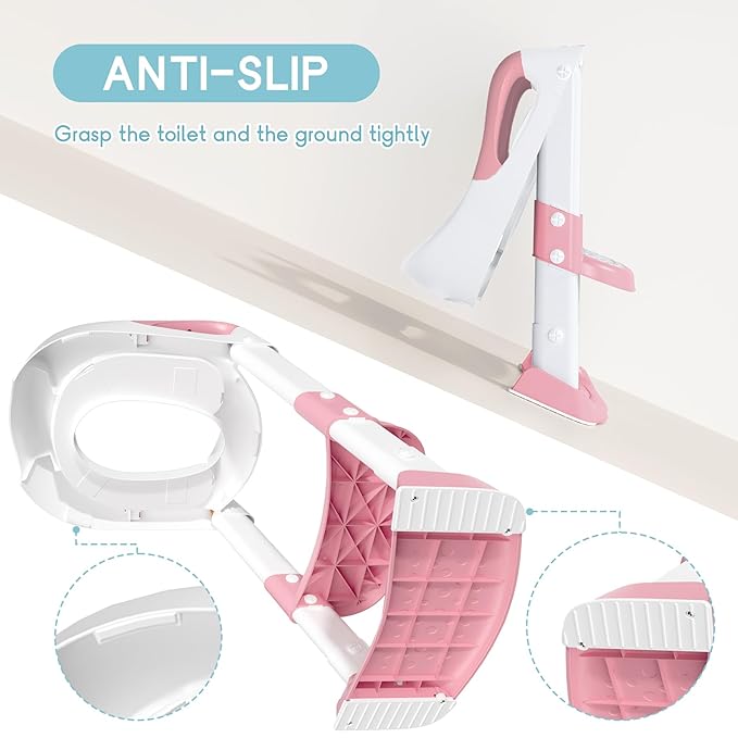 COOSEYA Potty Training Toilet with Step Stool Ladder, Toddler Kids Potty Training Seat for Boys Girls, Foldable Anti-Slip Toilet Toddler Seat Splash Guard Soft Cushion Safety Handles (Pink)