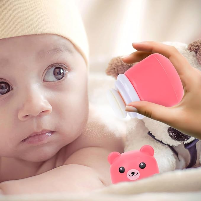FOMIYES Cartoon Bears Baby Powders Puff Box, Pink Large-Capacity Powder Container with Sponge Puff, Safe and Gentle Design for Baby'S Skin, Portable for Home and Travel Use