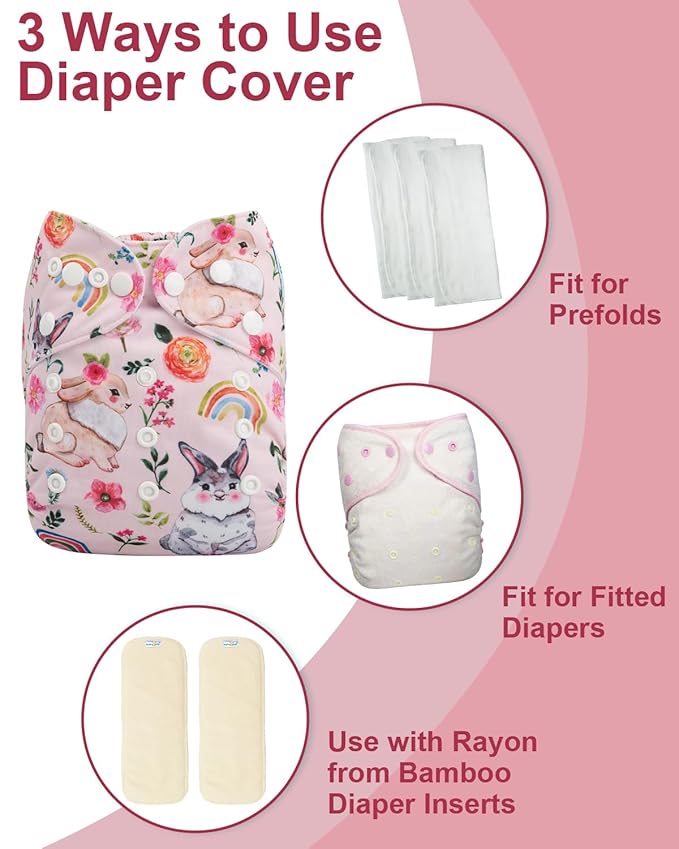 babygoal Cloth Diaper Covers 6 Pack with Wet Bag for Fitted Diapers and Prefolds with Double Gussets, Adjustable and Reusable for Baby Girls