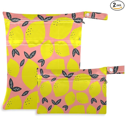 visesunny Cute Yellow Lemon Pink Pattern 2Pcs Wet Bag with Zippered Pockets Washable Reusable Roomy for Travel,Beach,Pool,Daycare,Stroller,Diapers,Dirty Gym Clothes, Wet Swimsuits, Toiletries