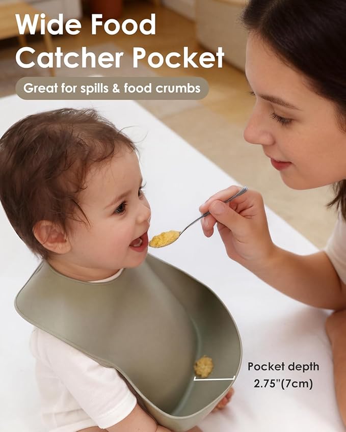Tiny Marvels Silicone Baby Bibs Set of 3, Adjustable & Dishwasher Safe, Easy Clean Toddler Bibs with Food Catcher Pocket