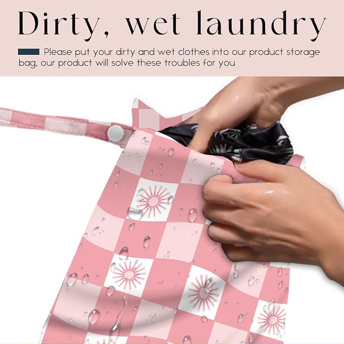 Wet Bag, Wet Dry Bag, Waterproof Swim Bags, Machine Washable Reusable Bags for Beach, Pool, Diapers, and Dirty Yoga Gym Clothes(Pink Checkerboard Design)