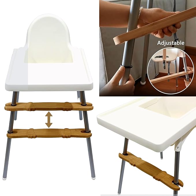 HANH High Chair Footrest, Non-Slip Natural Bamboo Wooden Footrest Compatible with IKEA Antilop High Chairs, Adjustable HighChair Foot Rest for Baby HighChair Accessories (Rounded Corners)