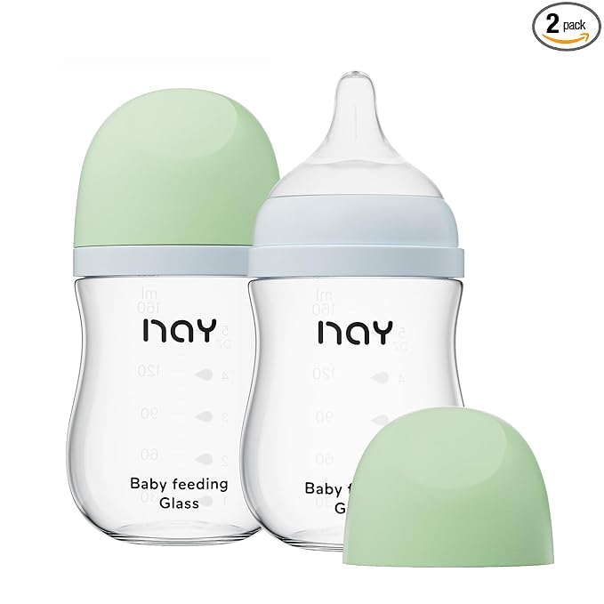 yanyoyo Natural Glass Baby Bottle Wide Neck, Anti-Colic Baby Bottle, Clear, 5.4oz(Pack of 2), Includes 2Pcs Natural Response Nipple(S), 1 Months+