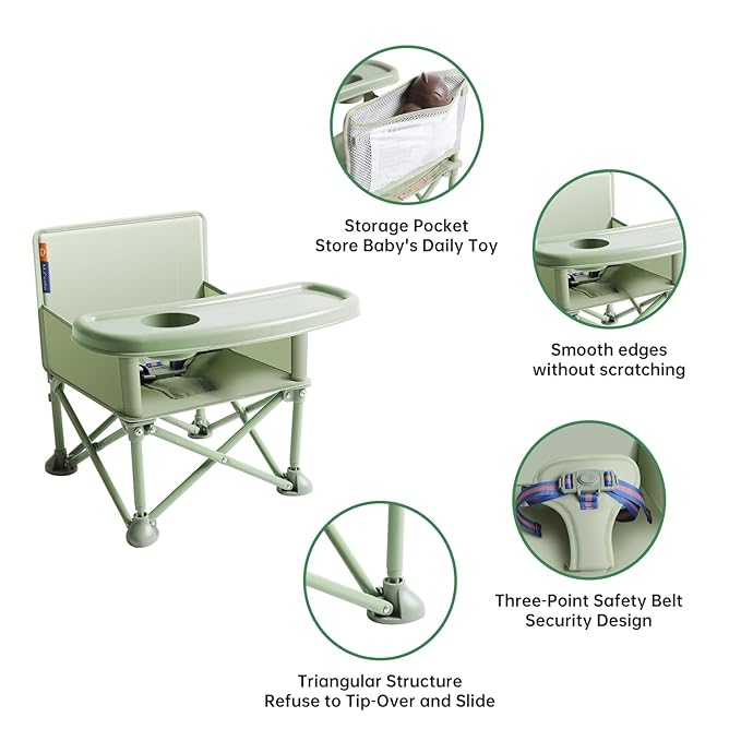 New Portable Travel Booster Seat with Tray|Foldable Infant Seat Booster Dining Chair|Great for Camping, Beach, Lawn|Toddler, Child Camping Chair 6 Months - 3 Years Old (Green)