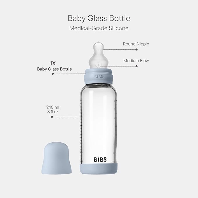 BIBS Baby Glass Bottle. 8 US fl oz / 240 ml. Anti-Colic. Vented Round Silcone Nipple. Supports Natural Breastfeeding, Medium Flow, Complete Set - Baby Blue