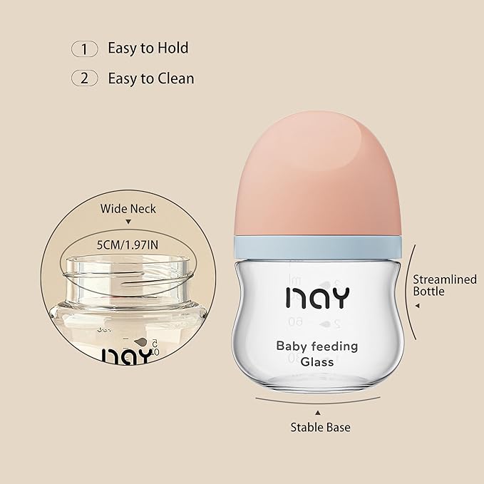 yanyoyo Natural Glass Baby Bottle Wide Neck, Newborn Anti-Colic Baby Bottle, Clear, 3oz(Pack of 2), Includes 2Pcs Slow Flow Nipple(SS), 0 Months+