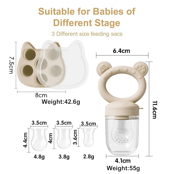 Baby Breastmilk Popsicle Molds & Baby Fruit Feeder (4 Pack), Infant Food Freezer Tray Storage Containers, Silicone Teething Pacifier Feeder and Teether for Babies,Boys and Girls-Beige&Green