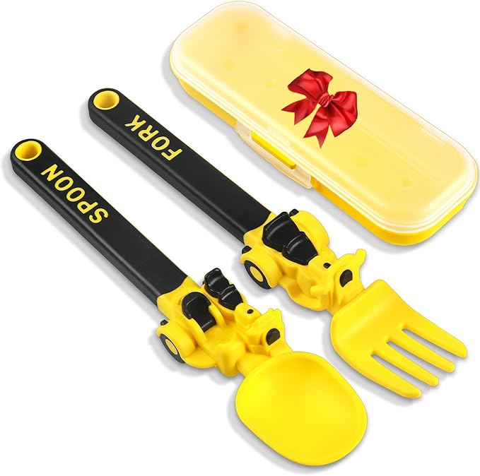 Construction Utensils for Toddlers - Motorcycle Toddler Forks - for Utensils Gift - Forks and Spoons Silverware Set - Ideal for School Lunch, Travel, Outdoors - Yellow