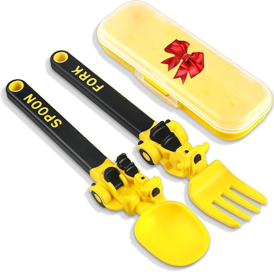 Construction Utensils for Toddlers - Motorcycle Toddler Forks - for Utensils Gift - Forks and Spoons Silverware Set - Ideal for School Lunch, Travel, Outdoors - Yellow
