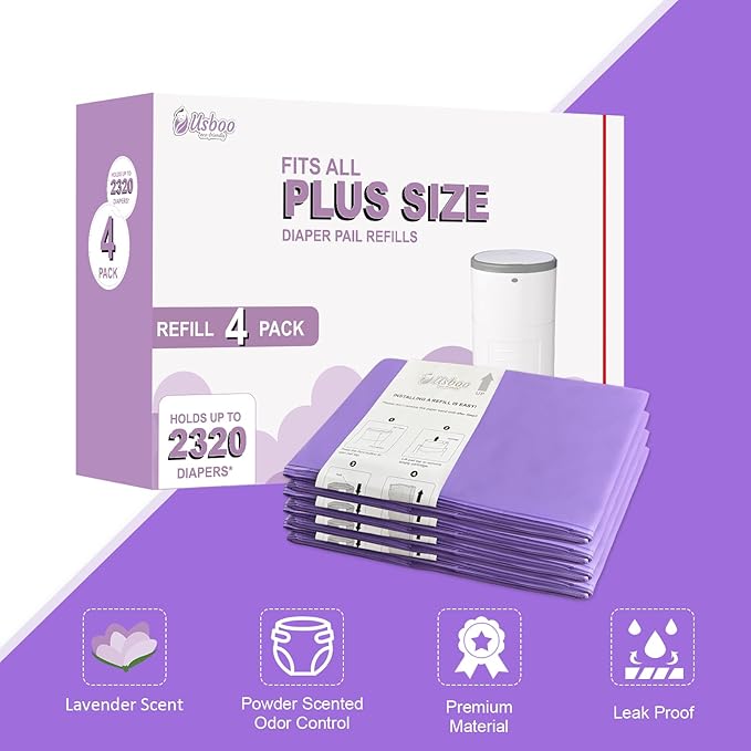 USBOO Refills Compatible with Dekor Plus Diaper Pail,4 Pack Disposable Diaper Pail Refills, Easy to Replace and Dispose Diaper Trash Bags, Holds up to 2320 Diapers,Lavender Scent