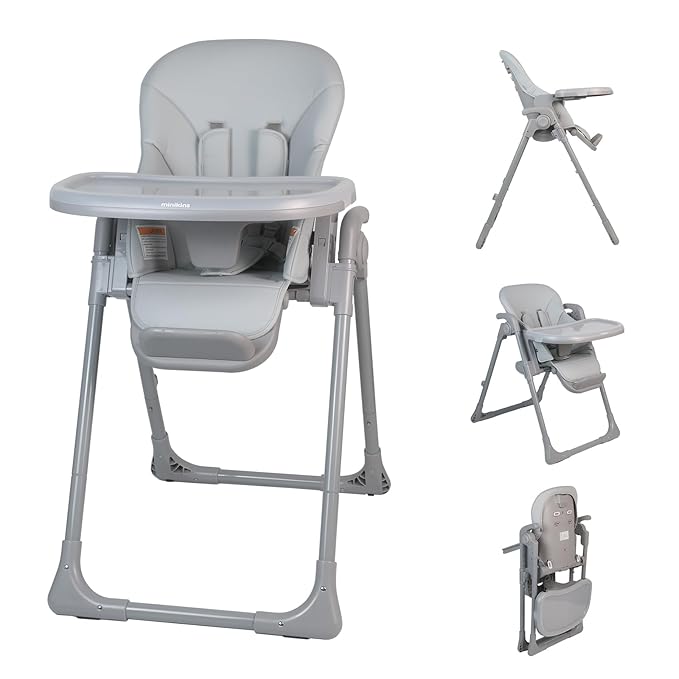 High Chair, Foldable High Chairs for Babies and Toddlers, Adjustable Height, Backrest and Footrest, Removable Tray, Gray