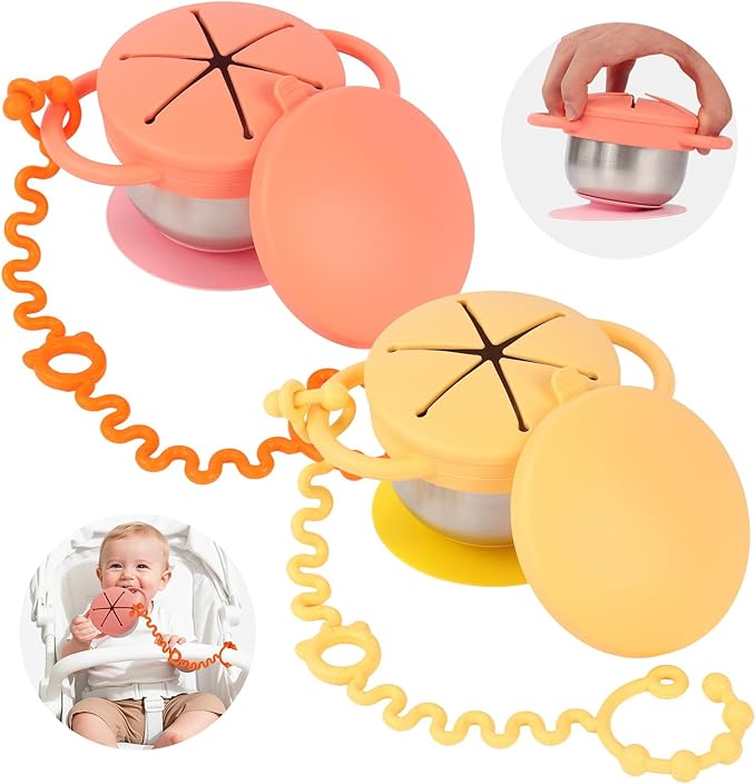Daximo 2 Pack Toddler Snack Cups — 5-in-1 Snack Cups for Toddlers Spill Proof with Suction Cup and Anti-Loss Rope, Detachable Stainless Steel Cups with Silicone Lids & Handles (Orange and Yellow)