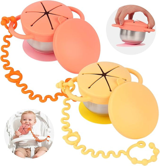 Daximo 2 Pack Toddler Snack Cups — 5-in-1 Snack Cups for Toddlers Spill Proof with Suction Cup and Anti-Loss Rope, Detachable Stainless Steel Cups with Silicone Lids & Handles (Orange and Yellow)