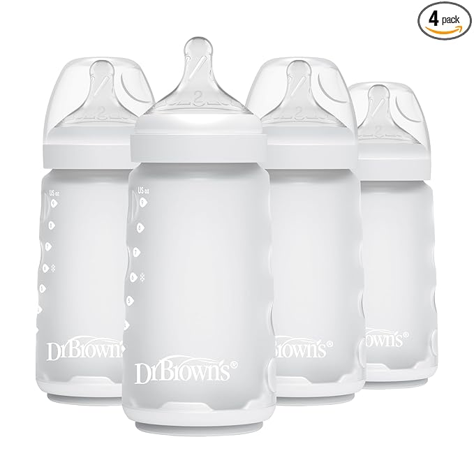 Dr. Brown's Silicone Baby Bottle with Collapsible Insert Designed to Reduce Colic, 9 oz with Wide-Neck Level 2 Medium Flow Nipple, 3m+, White/Ecru, 4-Pack