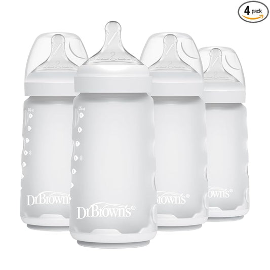 Dr. Brown's Silicone Baby Bottle with Collapsible Insert Designed to Reduce Colic, 9 oz with Wide-Neck Level 2 Medium Flow Nipple, 3m+, White/Ecru, 4-Pack