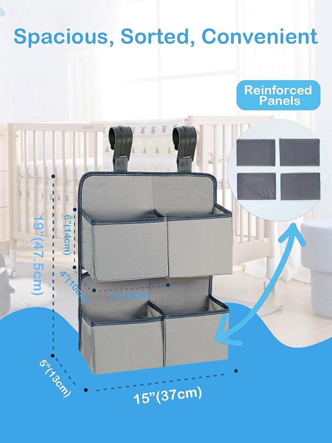 Hanging Diaper Organizer for Crib/Playpen/Bassinet – Hold 80+ Diapers - 4 Deep Pockets-H19in x L15 in Changing Table Diaper Holder - Hanging Diaper Storage Stacker Nursery Caddy - Gray