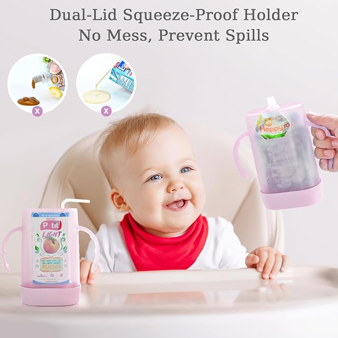 MOMUSE Dual-Lid Squeeze Pouch Holder for Food Pouches & Drink Boxes, Baby Pouch Holder with Larger Capacity, Versatile Design for Self-Feeding, Anti-Squeeze Pouch Holder No Spill No Mess, Pink