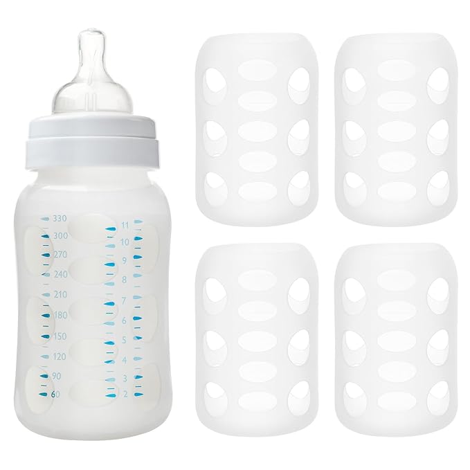 Luxshiny 4Pcs Silicone Baby Bottle Sleeves: Anti-Slip Glass Feeding Bottle Protector with Scale Visibility, Shock-Absorbing Cup Covers for Wide-Caliber Cups, White
