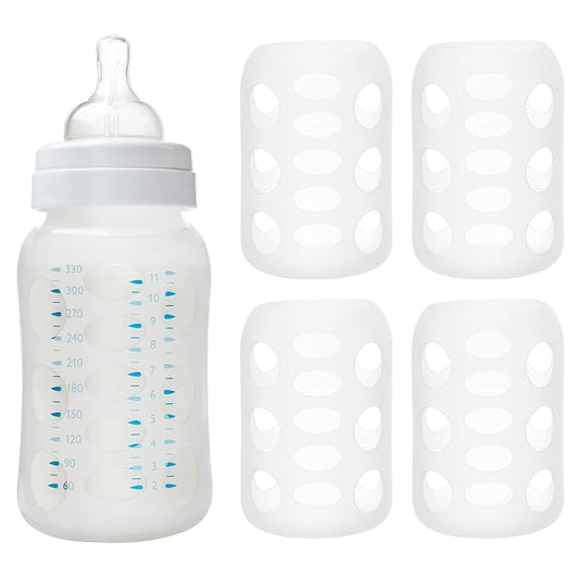 Luxshiny 4Pcs Silicone Baby Bottle Sleeves: Anti-Slip Glass Feeding Bottle Protector with Scale Visibility, Shock-Absorbing Cup Covers for Wide-Caliber Cups, White