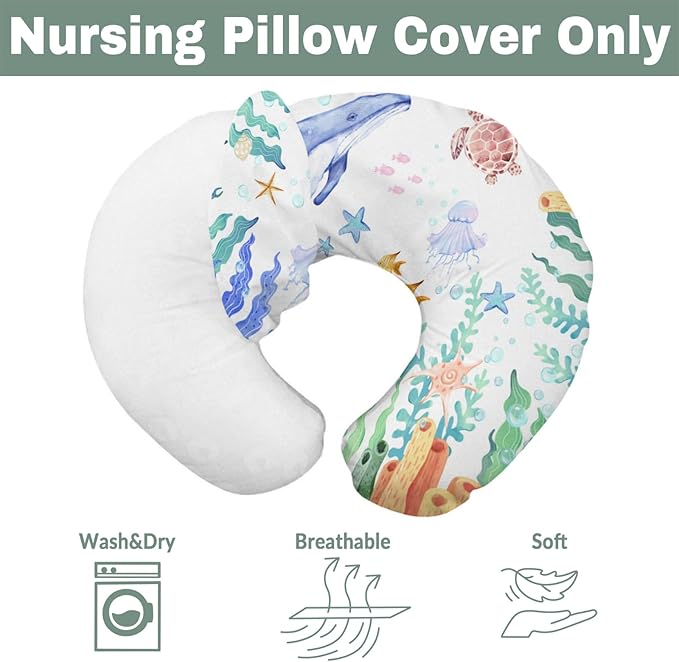 Colorful Ocean Animals Baby Nursing Pillow Covers for Boy Girl Whale Turtle Jellyfish Sea Horse Weeds Nursery Slipcovers for Breastfeeding Pillows Marine Life Soft Stretchy Cover for Newborn Infant