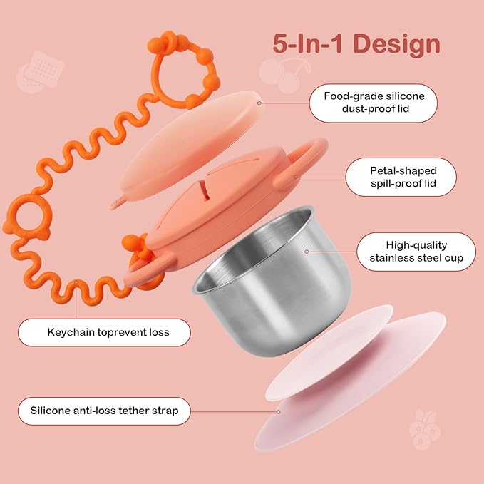 Daximo 2 Pack Toddler Snack Cups — 5-in-1 Snack Cups for Toddlers Spill Proof with Suction Cup and Anti-Loss Rope, Detachable Stainless Steel Cups with Silicone Lids & Handles (Orange and Yellow)