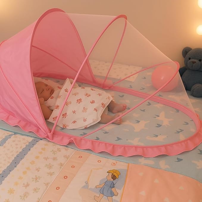 Folding Crib Net Mosquito Net for Baby – Kids Mosquito Netting Mesh Crib Canopy, Crib Blackout Cover with Shade Cover for Toddler Sleeping Outdoors, Travel Portable Baby Bed Tent, Pink, 36x22inch